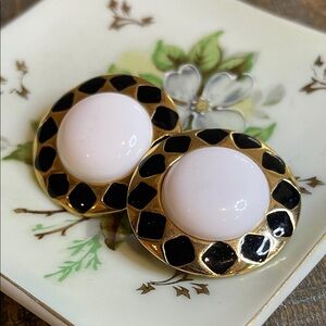 Vintage Geometric Gold & Black Enamel White Cabochon Clip-on Earrings